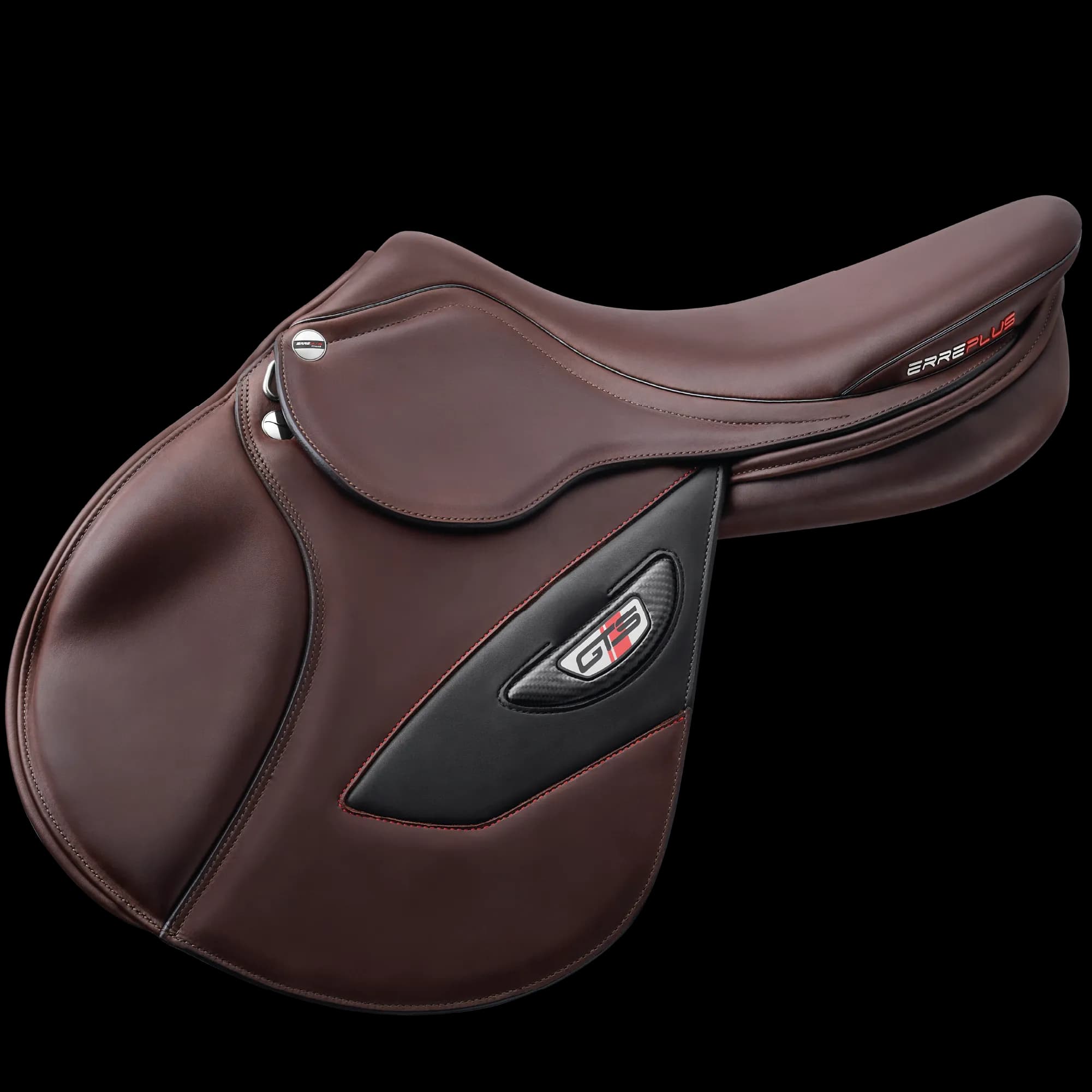 Seat, flaps and leather details of the brown Erreplus GTS WR jumping saddle